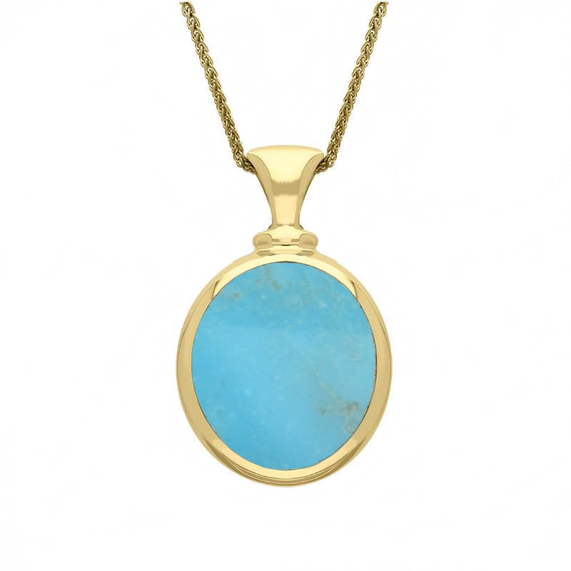 9ct Yellow Gold Whitby Jet Turquoise Small Double Sided Oval Fob Necklace - Yellow Gold