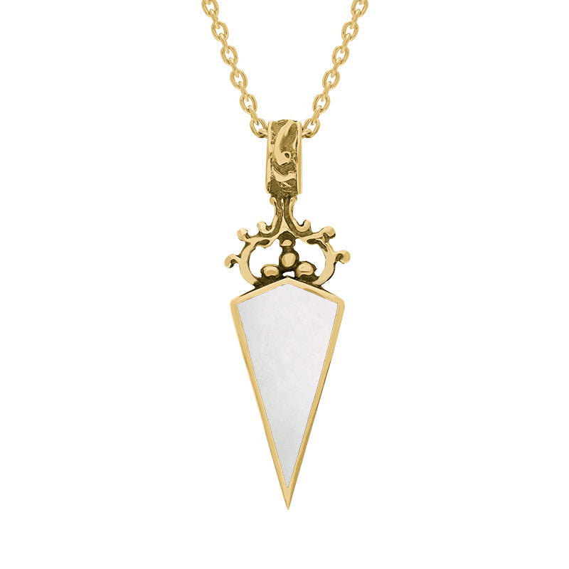9ct Yellow Gold Whitby Jet Mother Of Pearl Double Sided Dagger Fob Necklace - Yellow Gold