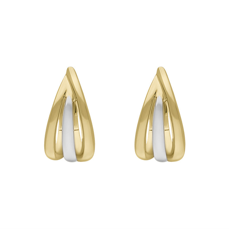 9ct Yellow and White Gold Round Three Row Hoop Earrings - Gold