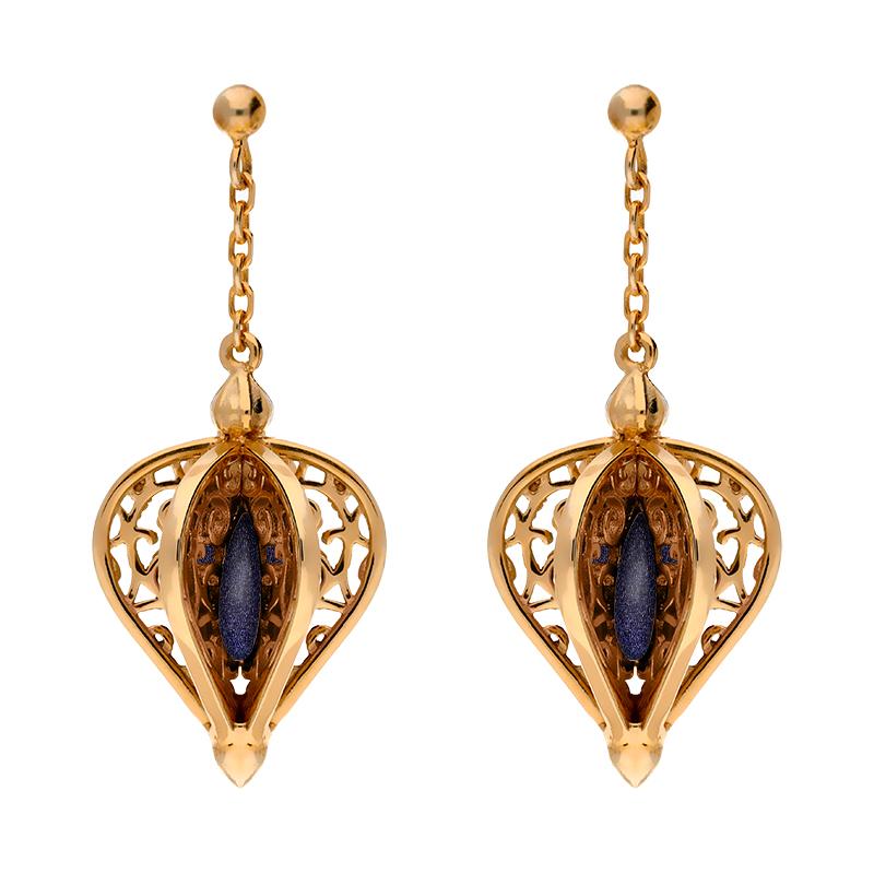 9ct Rose Gold Blue Goldstone Flore Filigree Drop Earrings