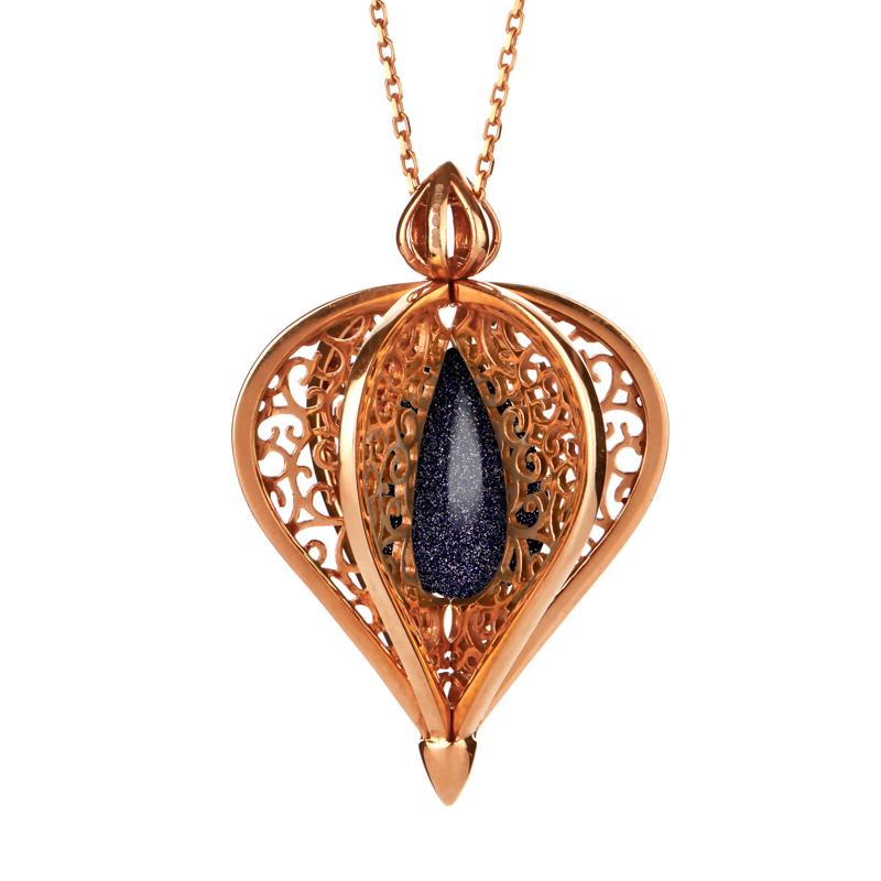 9ct Rose Gold Blue Goldstone Flore Filigree Droplet Necklace