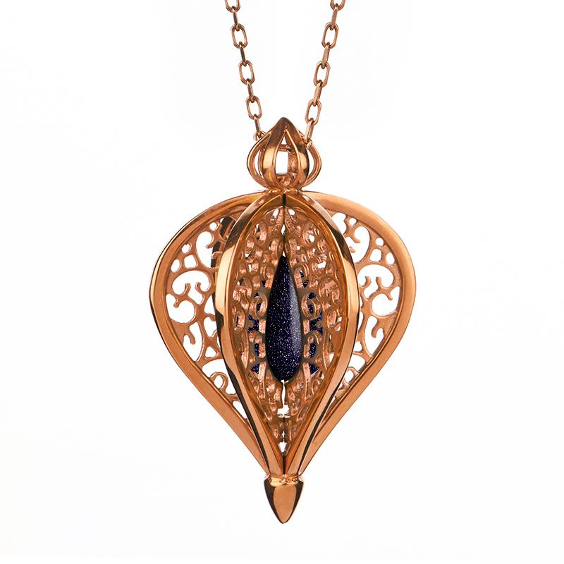 9ct Rose Gold Blue Goldstone Flore Filigree Small Necklace