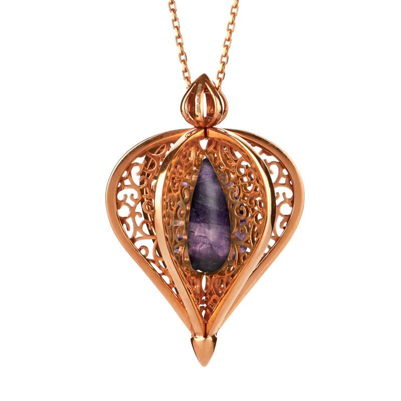 9ct Rose Gold Blue John Flore Filigree Droplet Necklace