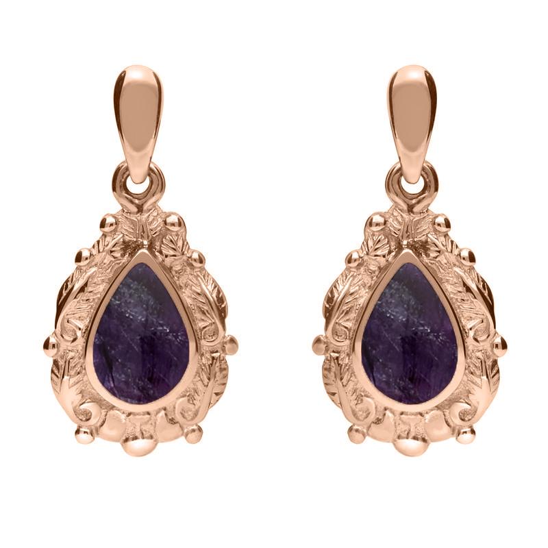 9ct Rose Gold Blue John Pear Shaped Leaf Drop Earrings - Rose Gold