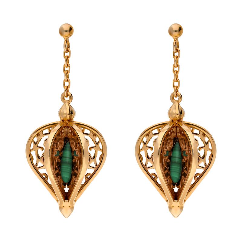 9ct Rose Gold Malachite Flore Filigree Drop Earrings