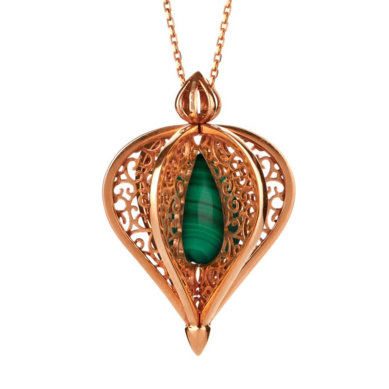 9ct Rose Gold Malachite Flore Filigree Droplet Necklace