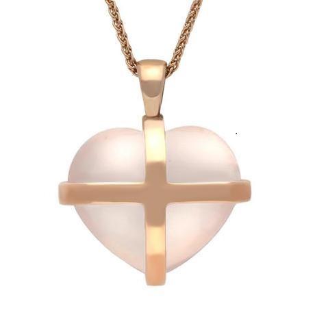 9ct Rose Gold Rose Quartz Large Cross Heart Necklace - Rose Gold