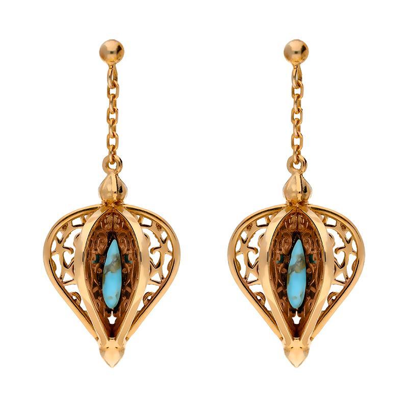 9ct Rose Gold Turquoise Flore Filigree Drop Earrings