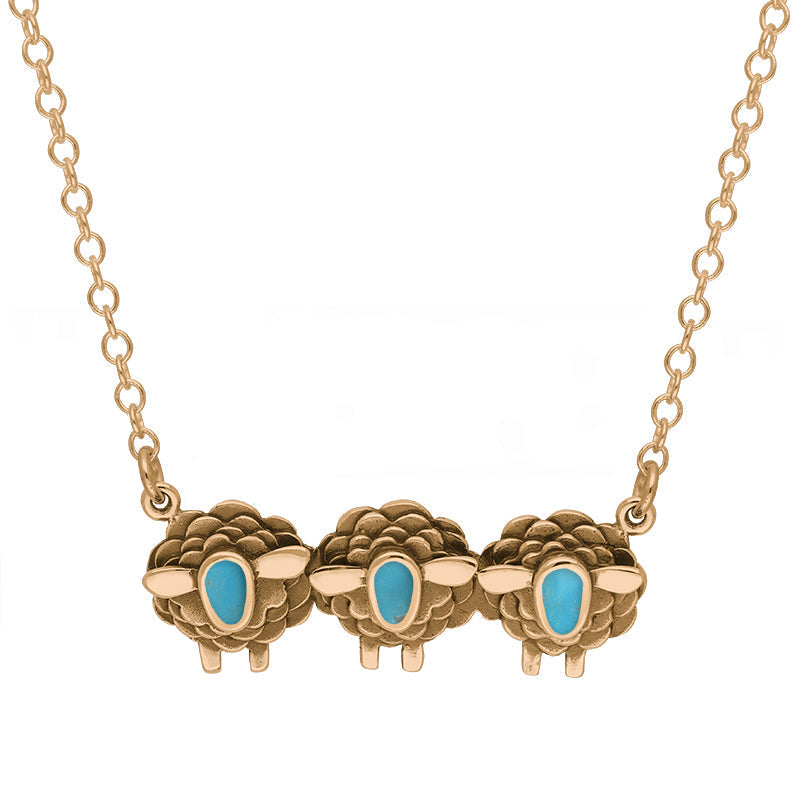 9ct Rose Gold Turquoise Three Sheep Necklace - Gold