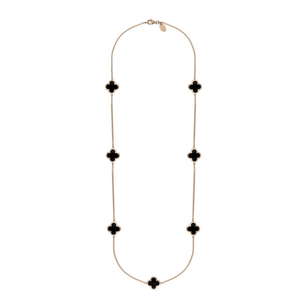 9ct Rose Gold Whitby Jet Bloom Four Leaf Clover Long Necklace