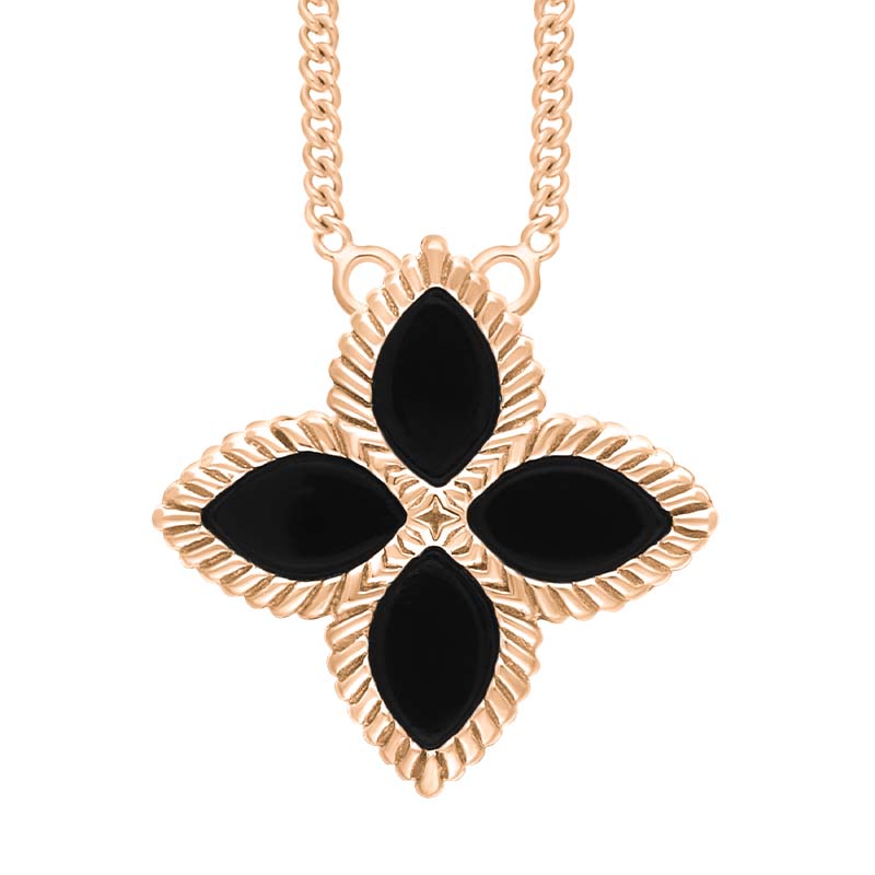 9ct Rose Gold Whitby Jet Bloom Large Marquise Flower Necklace - Gold