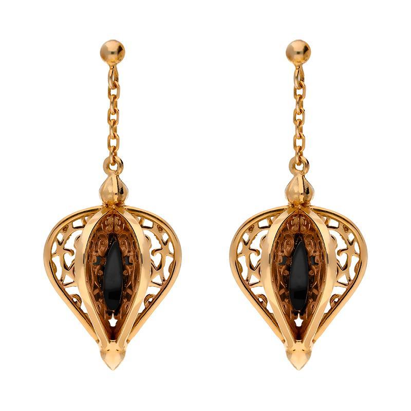 9ct Rose Gold Whitby Jet Flore Filigree Drop Earrings