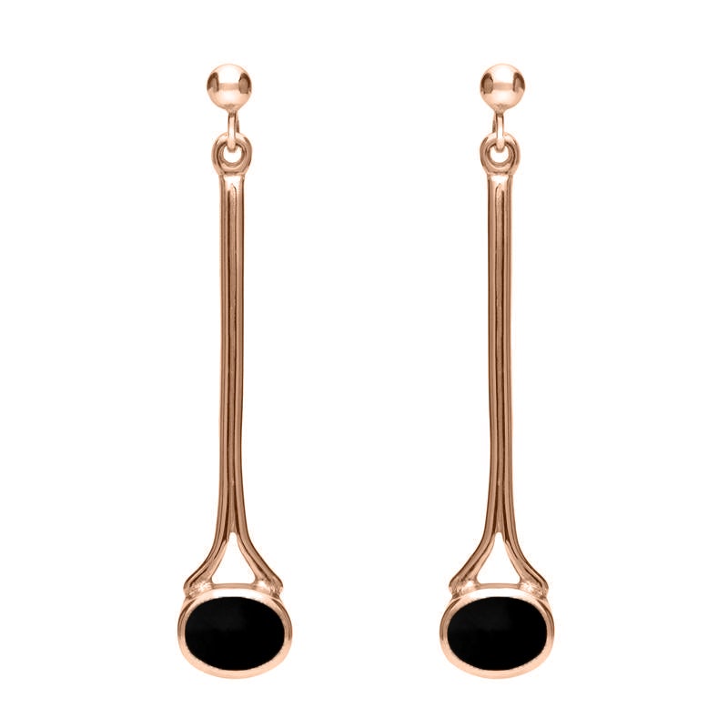 9ct Rose Gold Whitby Jet Long Drop Earrings - Rose Gold