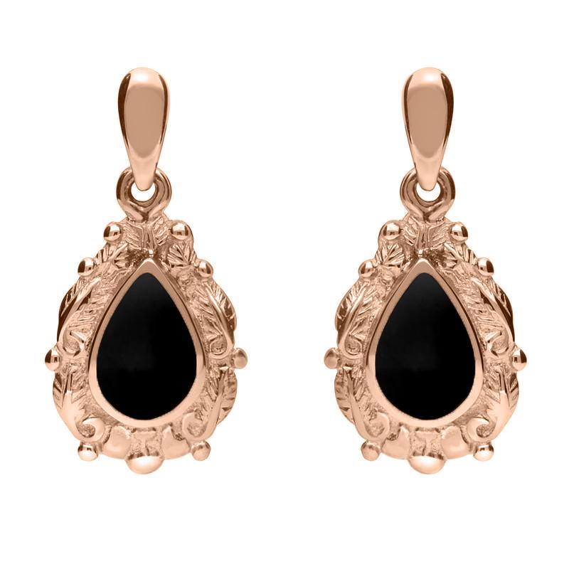 9ct Rose Gold Whitby Jet Pear Shaped Leaf Drop Earrings - Rose Gold