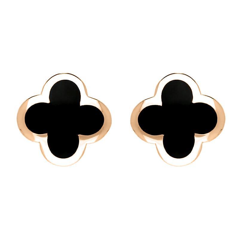 9ct Rose Gold Whitby Jet Bloom Four Leaf Clover Stud Earrings