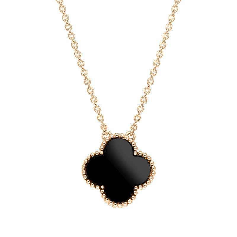 9ct Rose Gold Whitby Jet Bloom Large Four Leaf Clover Ball Edge Chain Necklace