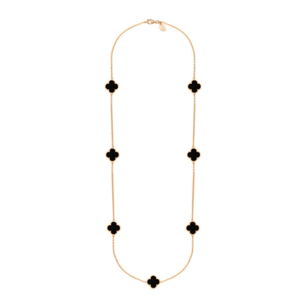 9ct Rose Gold Whitby Jet Bloom Four Leaf Clover Ball Edge Long Necklace