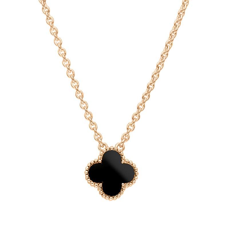 9ct Rose Gold Whitby Jet Bloom Small Four Leaf Clover Ball Edge Chain Necklace