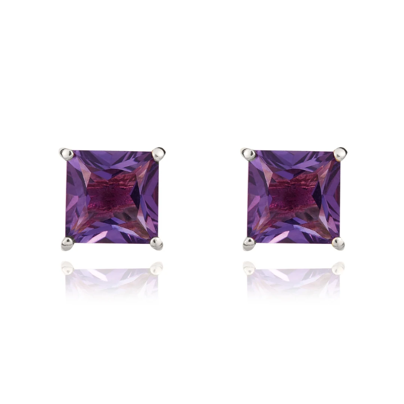 9ct White Gold Amethyst 5mm Princess Cut Claw Set Stud Earrings