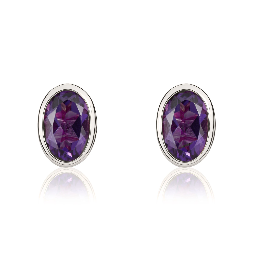 9ct White Gold Amethyst 6x4mm Oval Rub Over Set Stud Earrings