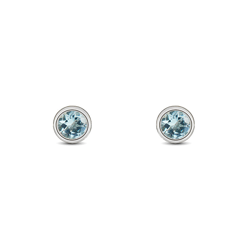 9ct White Gold Aquamarine 3mm Round Rub Over Set Stud Earrings