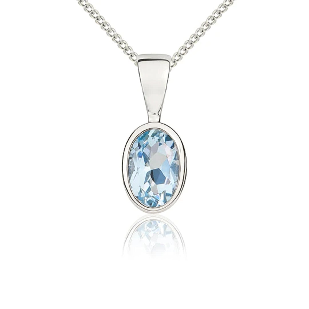 9ct White Gold Aquamarine 6x4mm Oval Rub Over Set Pendant