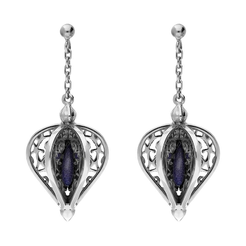 9ct White Gold Blue Goldstone Flore Filigree Drop Earrings