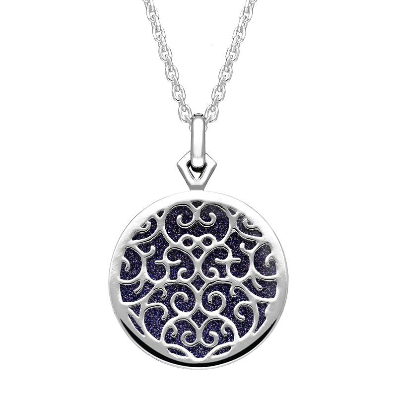 9ct White Gold Blue Goldstone Flore Filigree Necklace