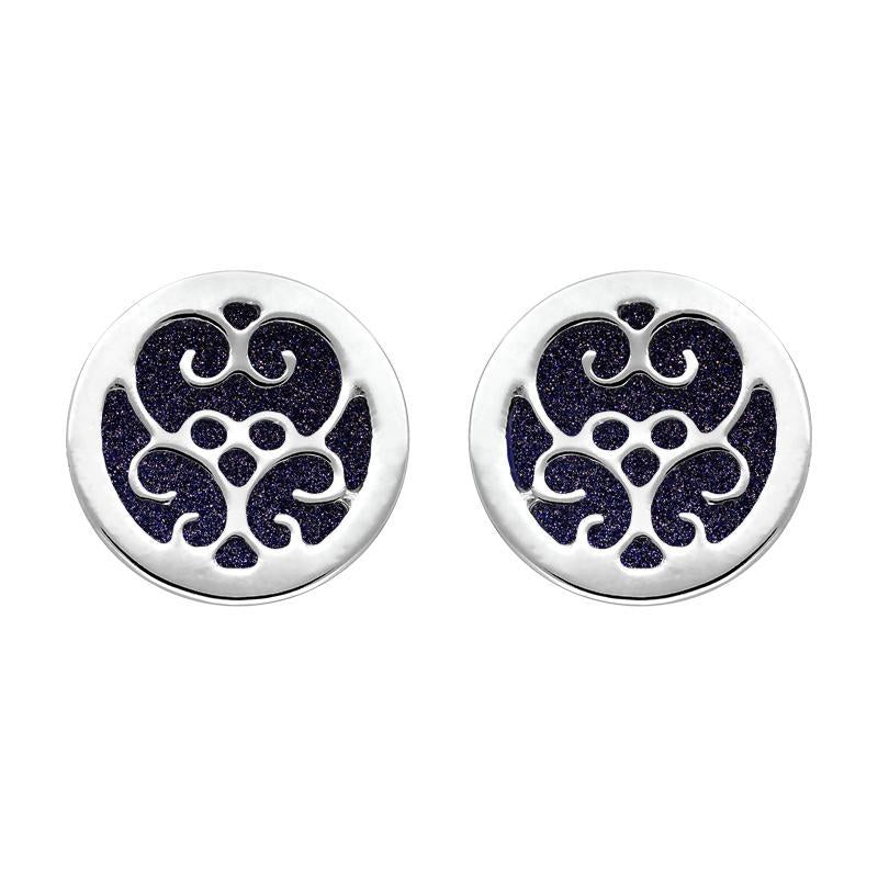 9ct White Gold Blue Goldstone Flore Filigree Stud Earrings