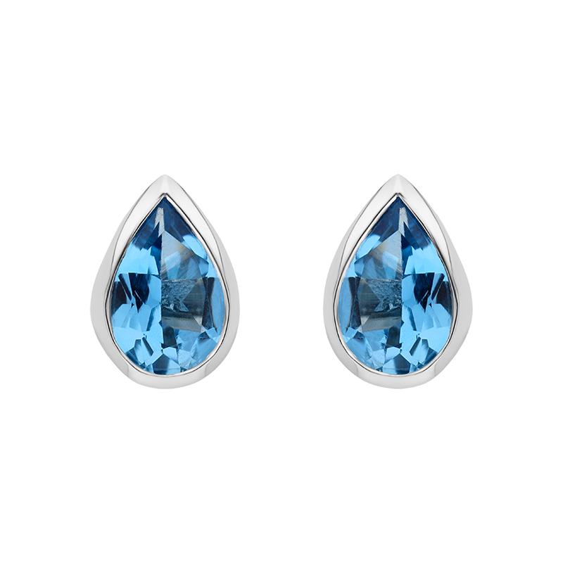9ct White Gold Blue Topaz 6x4mm Pear Rub Over Stud Earrings