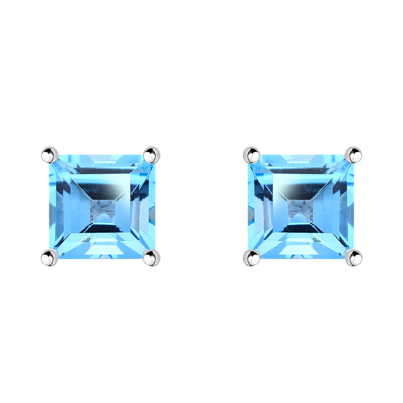 9ct White Gold Blue Topaz 5mm Princess Cut Claw Set Stud Earrings