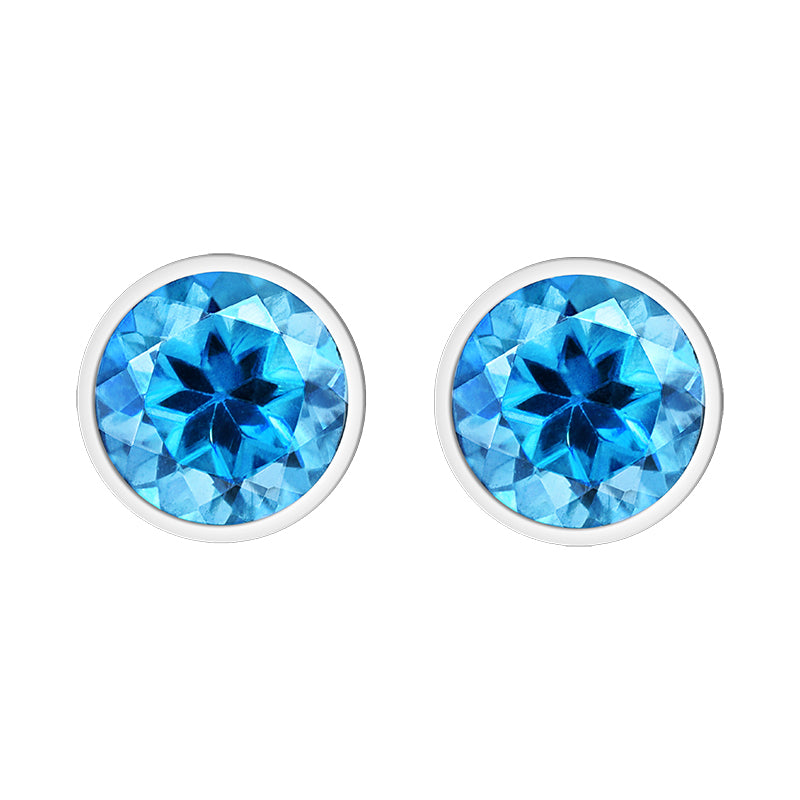 9ct White Gold Blue Topaz 4mm Round Rub Over Set Stud Earrings