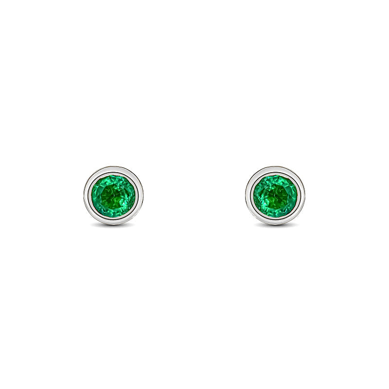 9ct White Gold Emerald 3mm Round Rub Over Set Stud Earrings