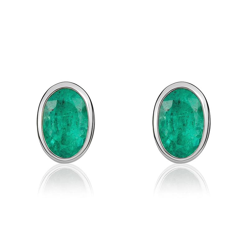 9ct White Gold Emerald 5x3mm Oval Rub Over Set Stud Earrings