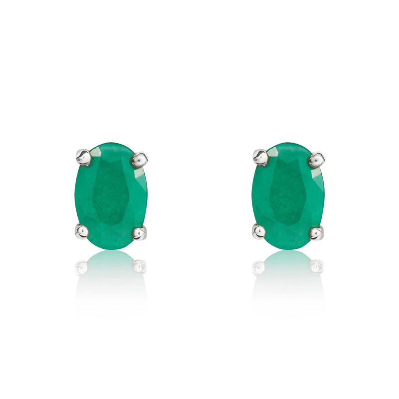 9ct White Gold Emerald 6x4mm Oval Claw Set Stud Earrings
