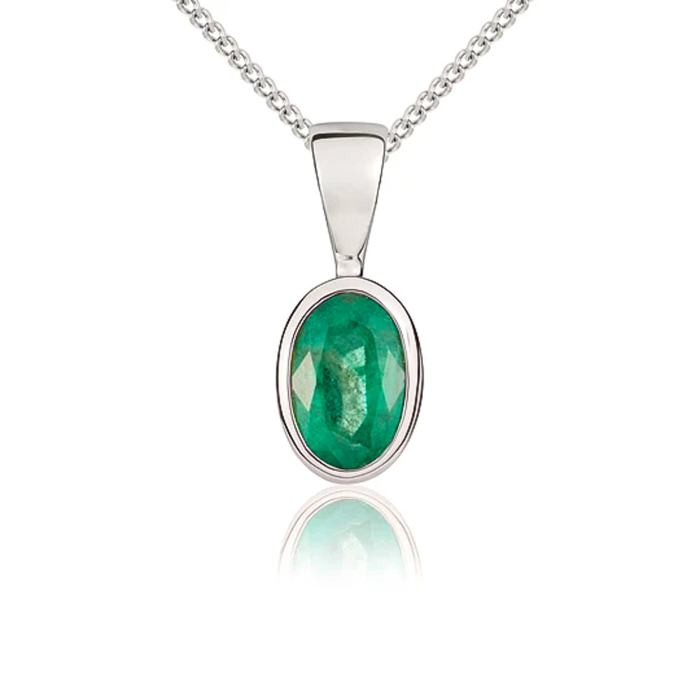 9ct White Gold Emerald 6x4mm Oval Rub Over Set Pendant