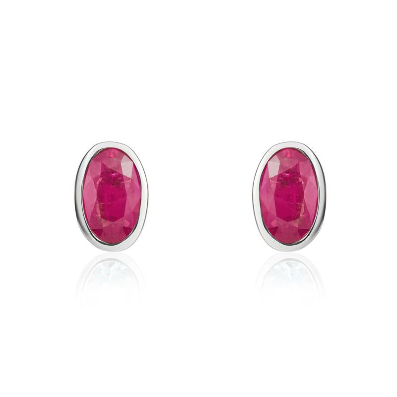 9ct White Gold Ruby 5x3mm Oval Rub Over Set Stud Earrings