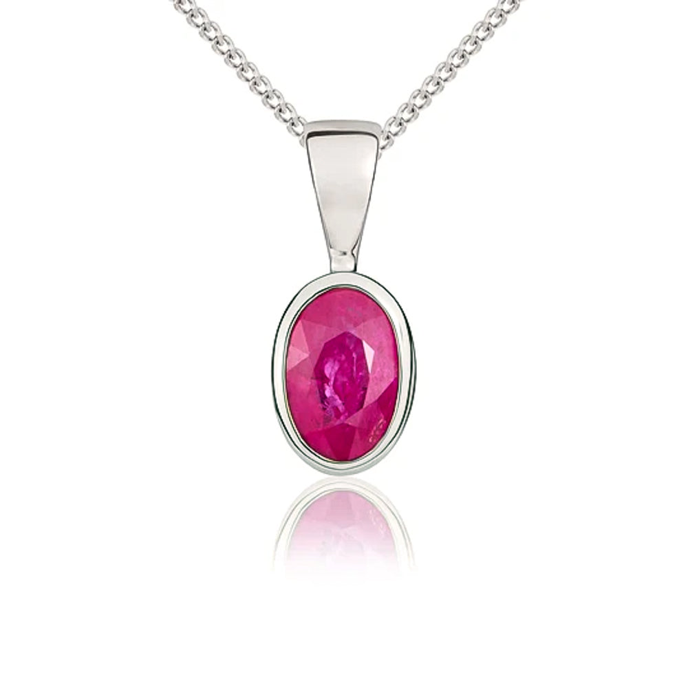 9ct White Gold Ruby 6x4mm Oval Rub Over Set Pendant