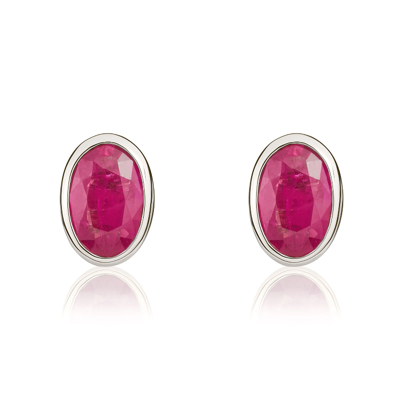 9ct White Gold Ruby 6x4mm Oval Rub Over Set Stud Earrings