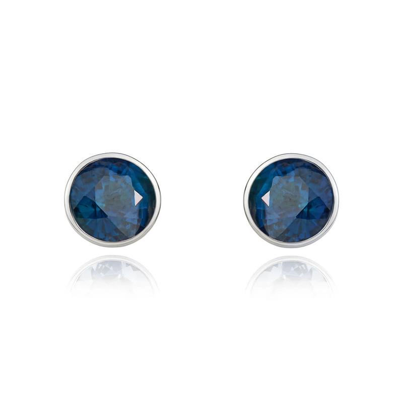 9ct White Gold Sapphire 5mm Round Rub Over Set Stud Earrings