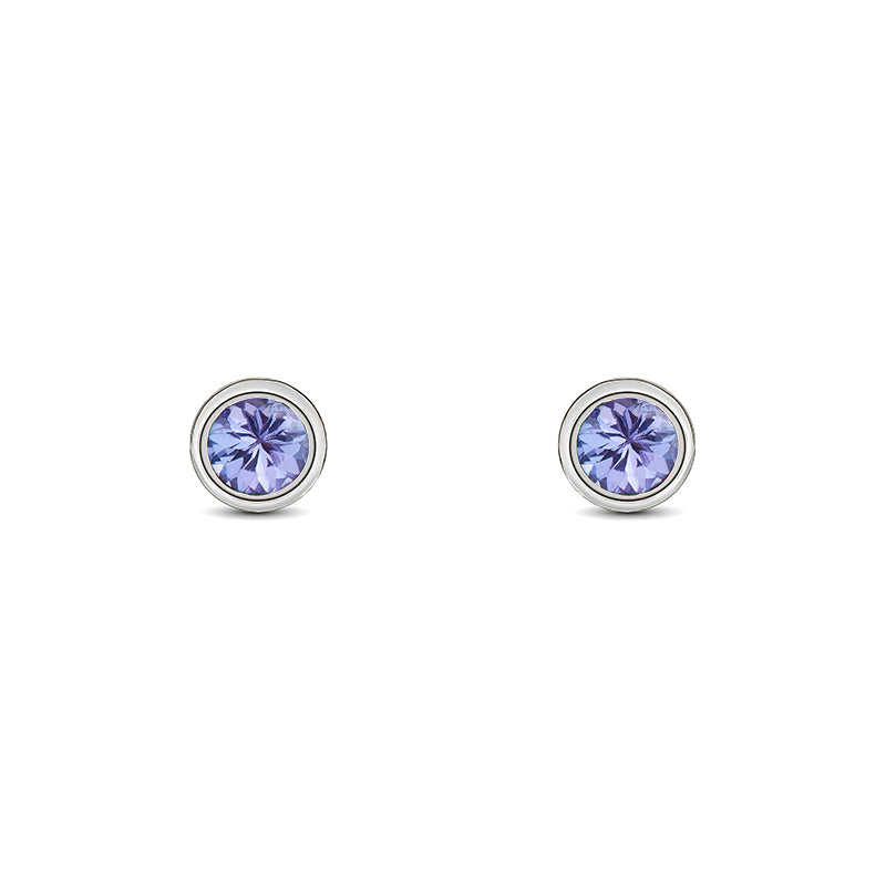 9ct White Gold Tanzanite 3mm Round Rub Over Set Stud Earrings