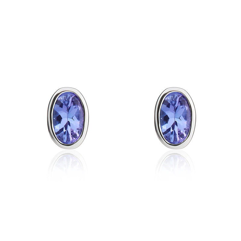 9ct White Gold Tanzanite 5x3mm Oval Rub Over Set Stud Earrings