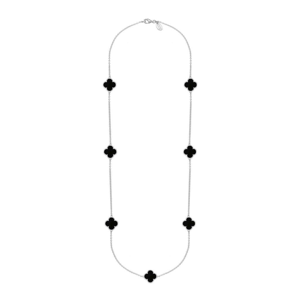 9ct White Gold Whitby Jet Bloom Four Leaf Clover Ball Edge Long Necklace