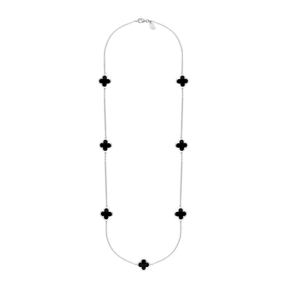 9ct White Gold Whitby Jet Bloom Four Leaf Clover Long Necklace