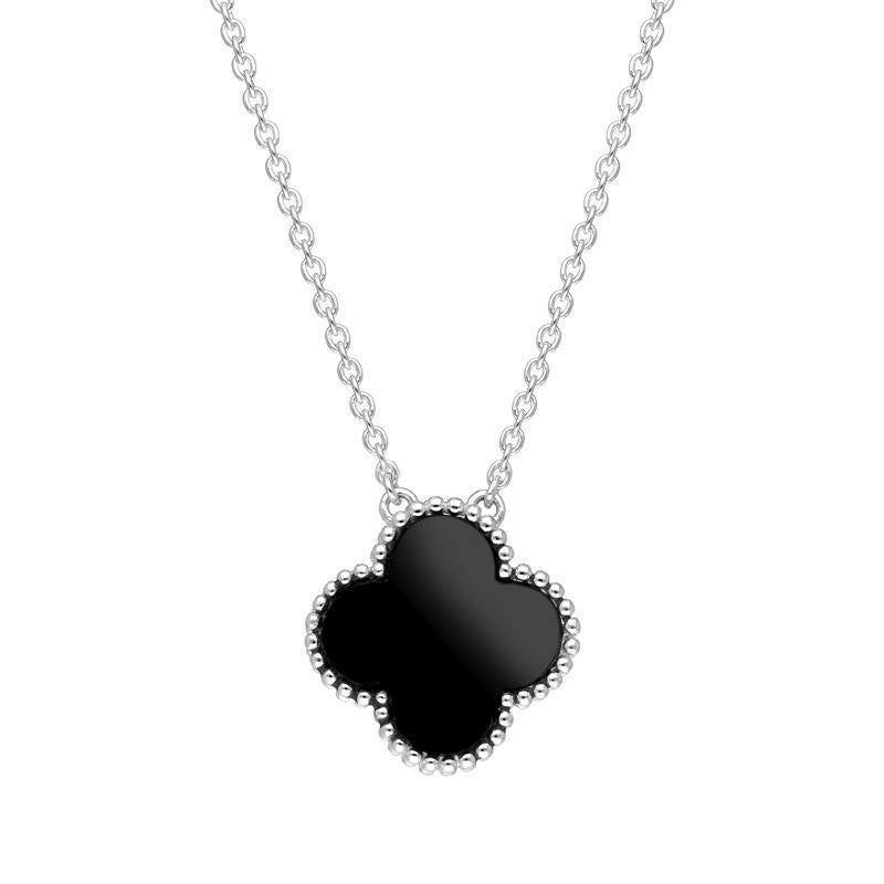 9ct White Gold Whitby Jet Bloom Large Four Leaf Clover Ball Edge Chain Necklace