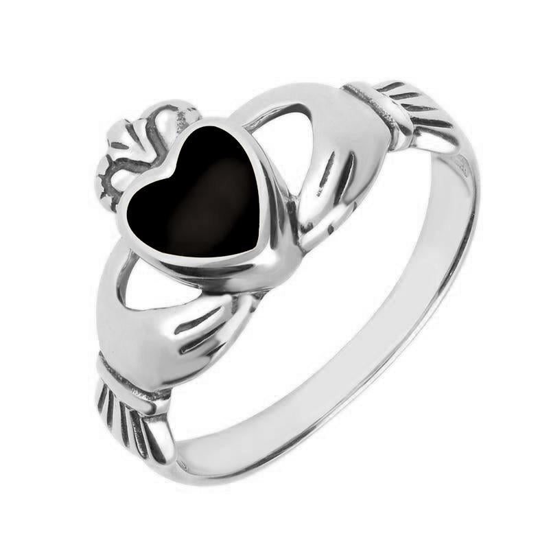 9ct White Gold Whitby Jet Claddagh Set Ring
