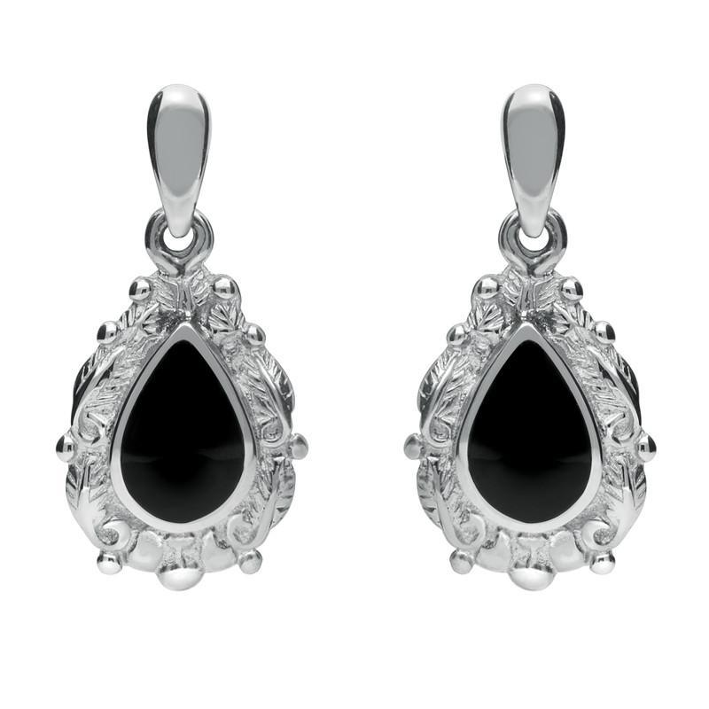 9ct White Gold Whitby Jet Pear Shaped Leaf Drop Earrings - White Gold