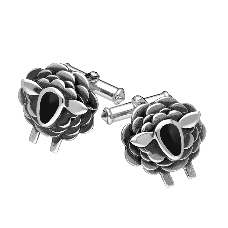 9ct White Gold Whitby Jet Sheep Cufflinks
