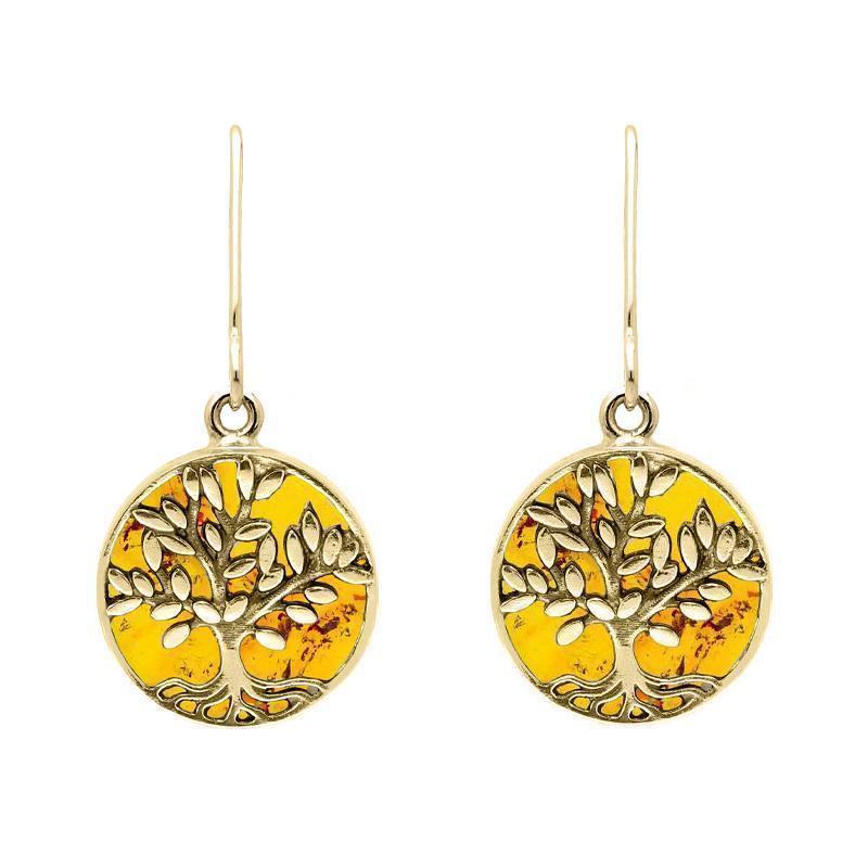 9ct Yellow Gold Amber Round Large Tree of Life Leaves Drop Earrings - Yellow Gold