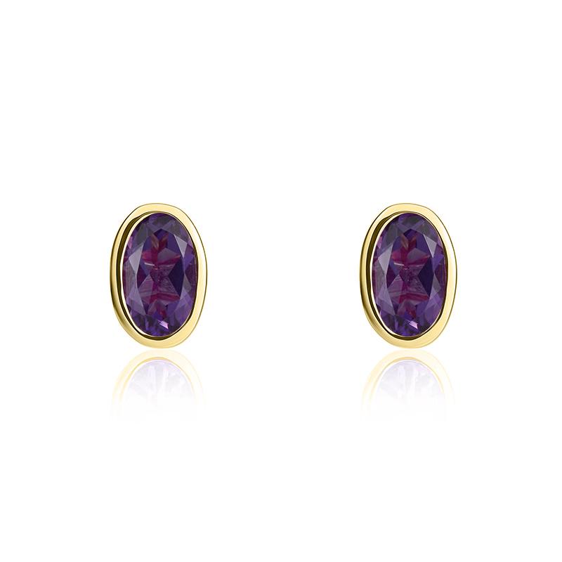 9ct Yellow Gold Amethyst 5x3mm Oval Rub Over Set Stud Earrings
